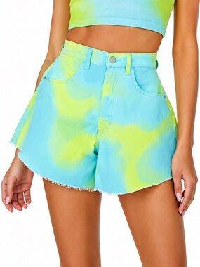 We Wore What Flare Bell Denim Shorts Zvi Tie Dye Blue Green Yellow High Rise 25